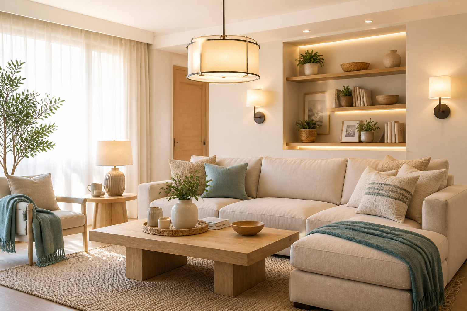 Warm modern living room with Fynokst lighting and home decor